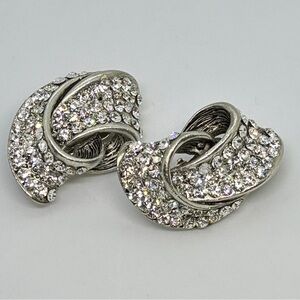 Vintage 80’s Large Statement Rhinestone Silver Tone Ribbon Shape Clip Earrings